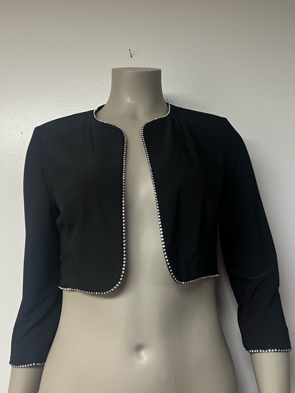 Alex Evenings Black Cropped Bolero Jacket with Rhinestone Trim